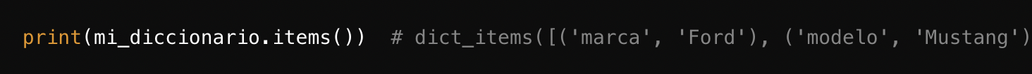 Fragmento de código que muestra una sentencia print de Python para el método items de un diccionario, mostrando los atributos “marca” y “modelo”.